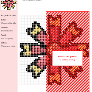 Cross-stitch pattern featuring a stylized gallardia flower in shades of red, pink, and yellow. The pattern includes a key and clear grid.