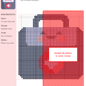 Cross-stitch pattern design of a medical kit, featuring gray and red threads on white aida fabric. The design is detailed and shows a clear representation of a first-aid kit.