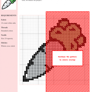 Cross-stitch pattern image showing a charming radish design, featuring a detailed chart with color codes for DMC and Anchor threads.