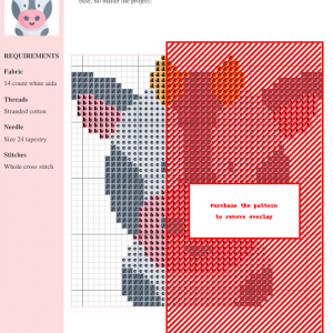 Cross stitch pattern of a cute cow, featuring grey, pink, and orange threads on 14-count white aida fabric.