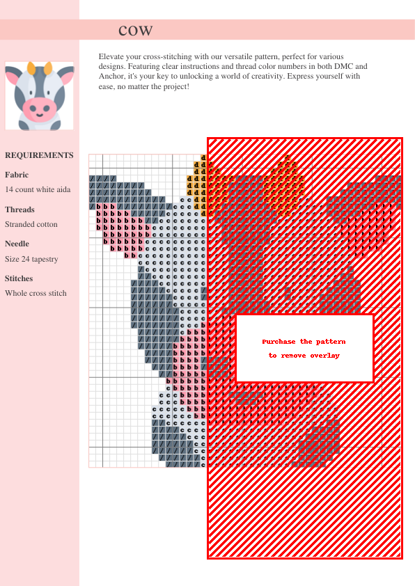 Cross stitch pattern of a cute cow, featuring grey, pink, and orange threads on 14-count white aida fabric.