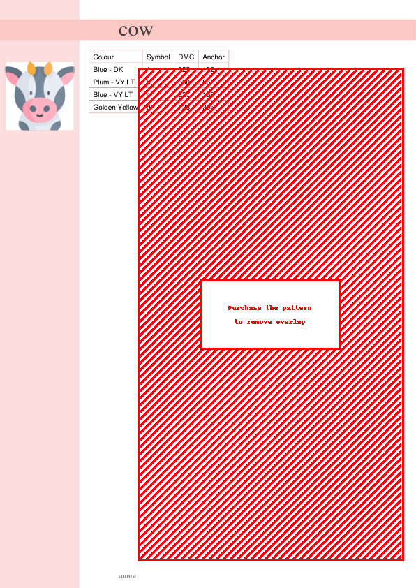 Image of a cross stitch pattern featuring a diagonal striped design in red and white, with a color key and small cow illustration.