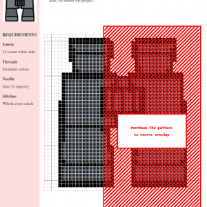 Cross-stitch pattern depicting a pair of binoculars in shades of gray against a red background. The design utilizes whole cross stitch.