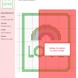 Cross stitch pattern design of a card featuring a rainbow and the word 'LOVE'.