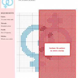 A cross-stitch pattern depicting a lesbian symbol in light blue, designed for crafting. The pattern includes a grid and color key.