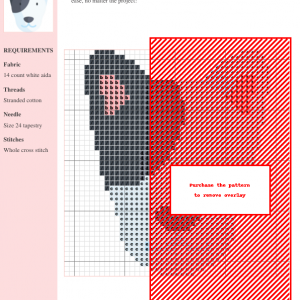 Cross stitch pattern showcasing a charming bull terrier dog design in shades of gray, black, and pink on 14-count white Aida fabric.