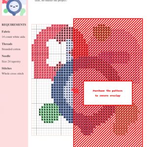 Cross-stitch pattern chart featuring a whimsical design with muted colors, primarily reds, blues, and greens, on a white 14-count Aida fabric.