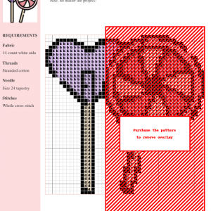 Cross-stitch pattern depicting a colorful lollipop, featuring a purple swirl and red stick. The image shows a gridded design chart with color codes.