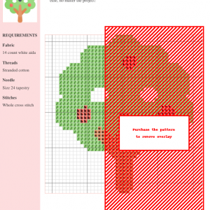 Cross stitch pattern showcasing a charming apple tree design with green leaves and red apples. The pattern uses whole cross stitch and includes DMC and Anchor thread color numbers.
