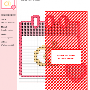 Cross stitch pattern design featuring a wedding ring motif in red and beige on white aida cloth. The pattern includes clear instructions and DMC/Anchor thread color numbers.