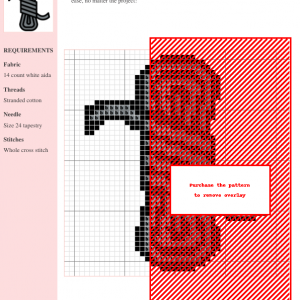 Cross stitch pattern depicting a stylized rope design in black and red on white aida cloth. Clear instructions and DMC/Anchor thread color numbers are included.