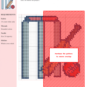 Cross stitch pattern depicting a cricket set, featuring wickets, bat, and ball in red, orange, and navy blue threads on white aida fabric.