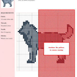 Cross-stitch pattern depicting a Siberian husky, using shades of gray and white on a white aida fabric. The pattern includes a key and clear instructions.