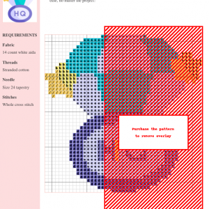 Cross-stitch pattern featuring a modern floral design in shades of purple, teal, pink, and orange. The pattern uses whole cross stitches and is charted on 14-count aida cloth.