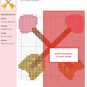 Cross-stitch pattern featuring two arrows with warm-toned leaves, in pink, orange, and brown. The design uses whole cross stitch on 14 count white aida fabric.