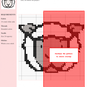 Cross stitch pattern depicting a charming sheep, using black and white thread on white aida fabric.