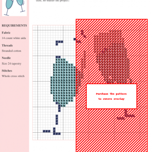 Image of a cross-stitch pattern depicting two wine glasses. The pattern uses blues, grays, and white on a white aida cloth.
