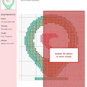 Cross-stitch pattern featuring a heart design in shades of teal and red on 14-count white aida fabric.