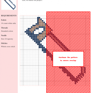 Cross stitch pattern depicting a hacksaw tool in navy blue and beige threads on 14-count white Aida cloth. The design is presented as a digital chart with a red overlay.