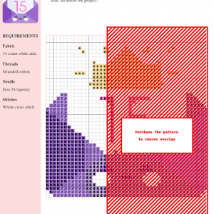 Cross stitch pattern showcasing a stylish invitation design with purple and red color accents. The image includes a color key and stitch count.