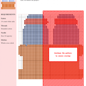 Cross-stitch pattern chart depicting a milk tank design, featuring red, orange, and blue threads on white aida cloth. Clear instructions and DMC/Anchor thread color numbers are included.
