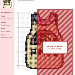 Cross stitch pattern of a tank top featuring a rainbow pride design. The image shows a gridded pattern chart with color codes for DMC and Anchor threads.
