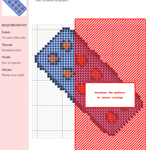 Cross-stitch pattern depicting a stylized pill in shades of blue, purple, and orange. The pattern uses whole cross stitch on 14-count white Aida fabric.