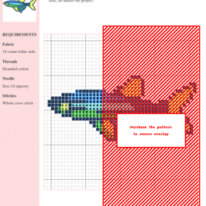 Image of a cross-stitch pattern featuring a colorful fish design, using various shades of blue, green, yellow, and orange. The pattern includes a grid and DMC/Anchor thread color key.