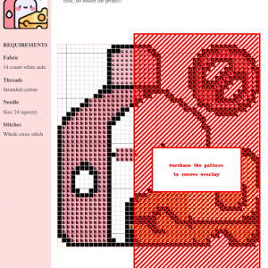 Cross-stitch pattern featuring a pink and red floral design with clear grid lines and color codes.