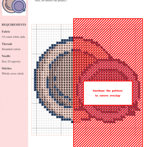 Cross stitch pattern featuring a charming design of two plates, using a mix of red, pink, and blue threads on 14-count white aida fabric.