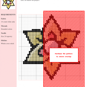 Cross-stitch pattern showcasing a tropical flower design in warm oranges, reds, and yellows on a white aida cloth. The pattern includes clear instructions and DMC/Anchor thread color codes.