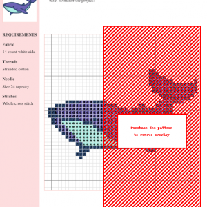 Image of a cross-stitch pattern depicting a whale, using shades of purple, blue, and teal. The pattern includes a key and is ready to stitch.