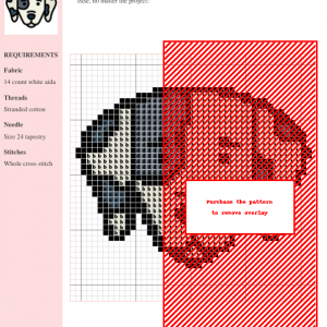 Cross-stitch pattern of a Dalmatian dog, showcasing a simple design ideal for beginners. The pattern uses black, white, and red threads.