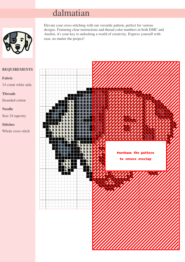 Cross-stitch pattern of a Dalmatian dog, showcasing a simple design ideal for beginners. The pattern uses black, white, and red threads.