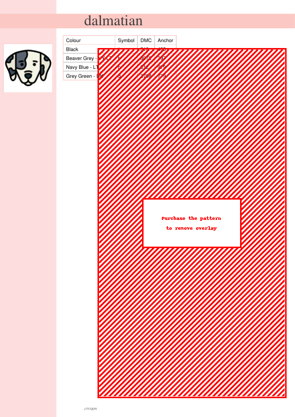 Image of a cross-stitch pattern featuring a red and white diagonal striped design, suggestive of a Dalmatian's coat. DMC and Anchor floss color codes are listed.