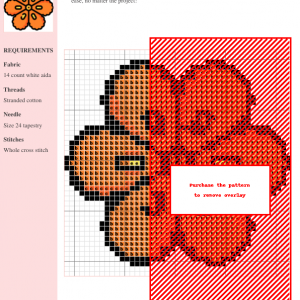 Cross stitch pattern chart of a Cordia flower, showcasing orange and brown shades. Includes a key with materials and stitch type.