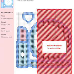 Cross stitch pattern depicting a makeup design, including a lipstick and mirror, in shades of blue, pink, and red. The pattern uses whole cross stitches.
