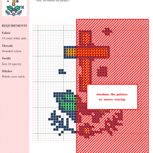 Cross-stitch pattern featuring a stylized Christian cross with holly and berries, predominantly red, orange, and dark blue on white aida fabric.