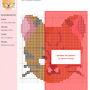 Cross stitch pattern chart featuring a charming animal design in shades of pink, orange, and grey, using whole cross stitch. DMC and Anchor thread colors are included.