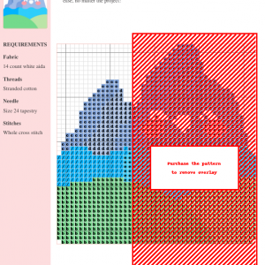 Cross stitch pattern of a mountain landscape featuring blue, green, and purple mountains against a red background. The design includes clear stitch symbols and color codes.