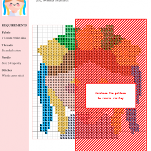 Cross-stitch pattern featuring a woman with a floral crown, rendered in a colorful and intricate design.