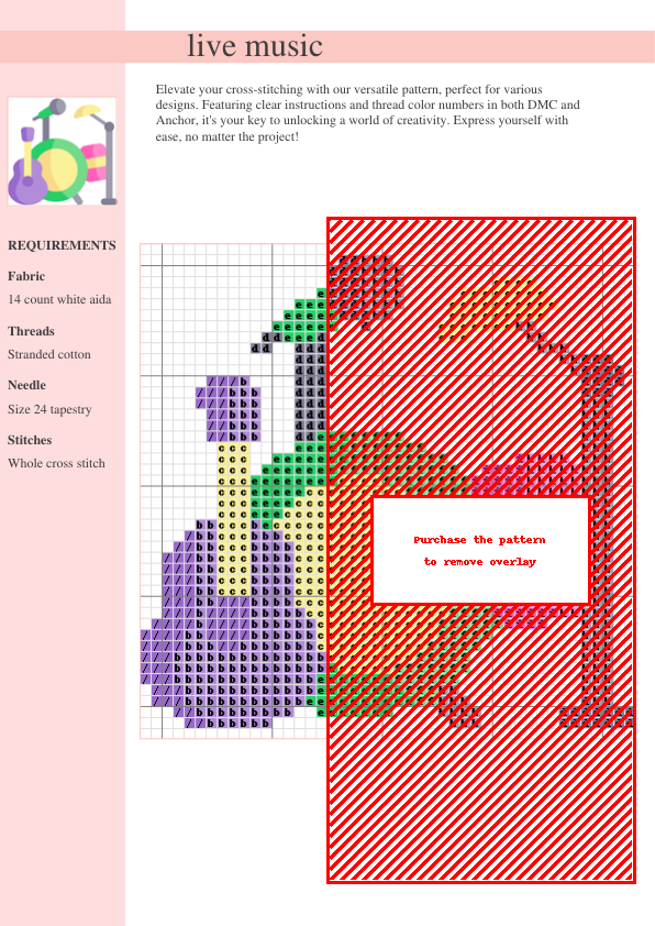 Cross stitch pattern showcasing a colorful musical instrument design, ideal for crafting enthusiasts.