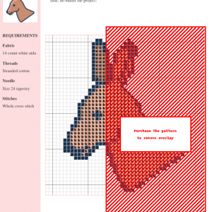 Cross-stitch pattern design featuring a charming kangaroo, primarily in shades of red, beige, and dark blue, on a white 14-count aida fabric.