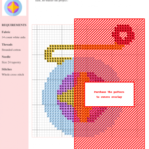 Cross-stitch pattern of a colorful yoyo design, featuring shades of red, orange, yellow, light blue, and purple on white aida cloth. Instructions and materials list included.