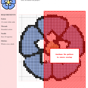 Cross-stitch pattern showcasing a detailed hydrangea flower in shades of red and blue, displayed on a grid chart.