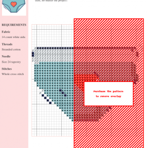Cross stitch pattern design featuring a pair of underwear with a heart. The pattern uses blue, gray, and red threads on white aida cloth.