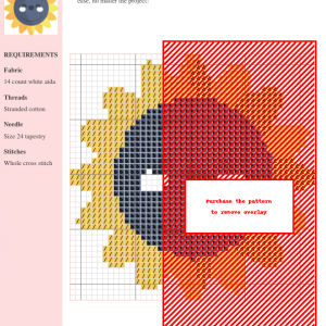 Cross stitch pattern showcasing a sunflower design in shades of yellow, orange, red, and gray. The pattern uses whole cross stitch and includes DMC and Anchor thread color numbers.