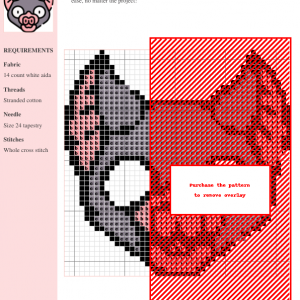Cross stitch pattern featuring a cute bat design in shades of gray and red. The pattern includes a grid and color key.