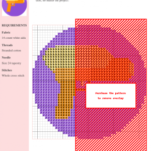 Cross stitch pattern design of a water gun, featuring purple, orange, and red threads on white aida fabric.