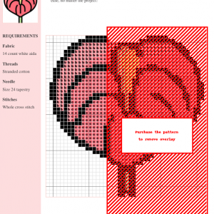 Cross stitch pattern of a pink and red Anthurium flower. The pattern includes a color key and instructions.